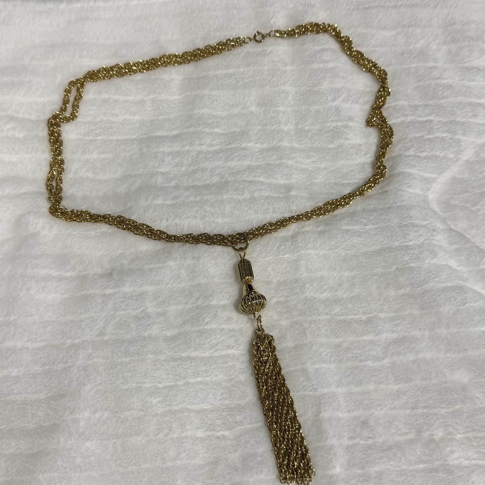Vintage Gold Tone Tassel Pendant Necklace Multi Strand Chain Statement Necklace